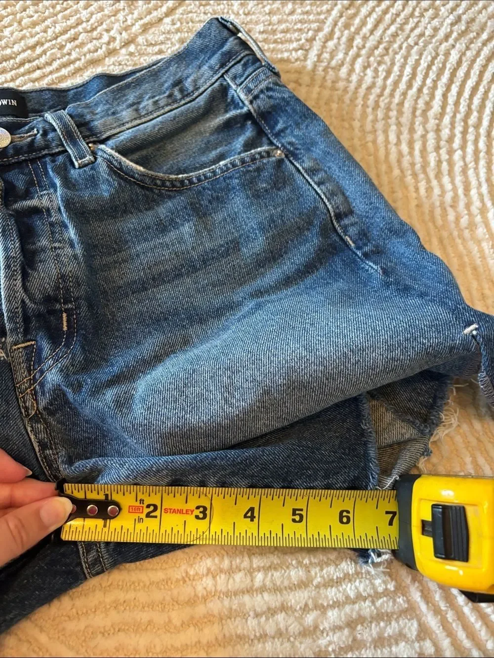 Edwin Dark Blue Denim Cutoff Shorts with Frayed Hem